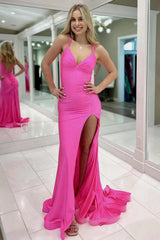 Hot Pink Mermaid Prom Dress With Double Straps Lace Up Closure And Long Silhouette Formal Evening Gown