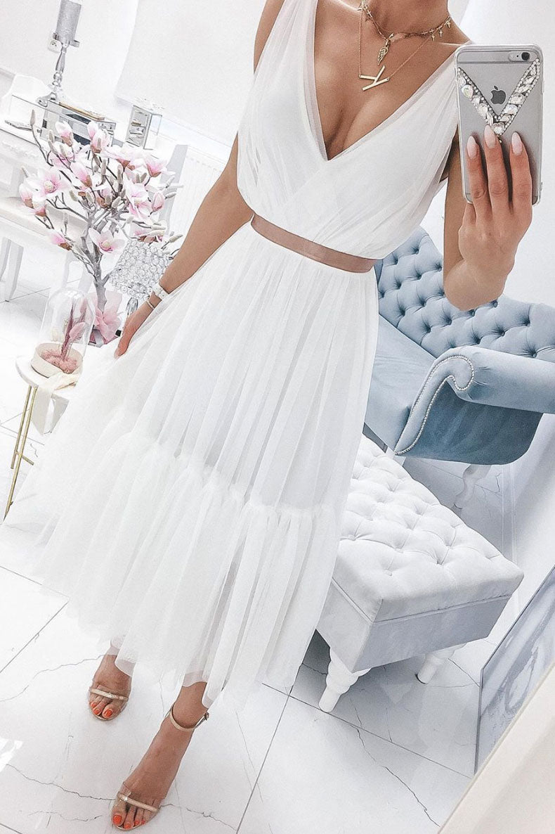 Simple Ivory Prom Dress V Neck Chiffon Tulle Formal Gown Evening Dress