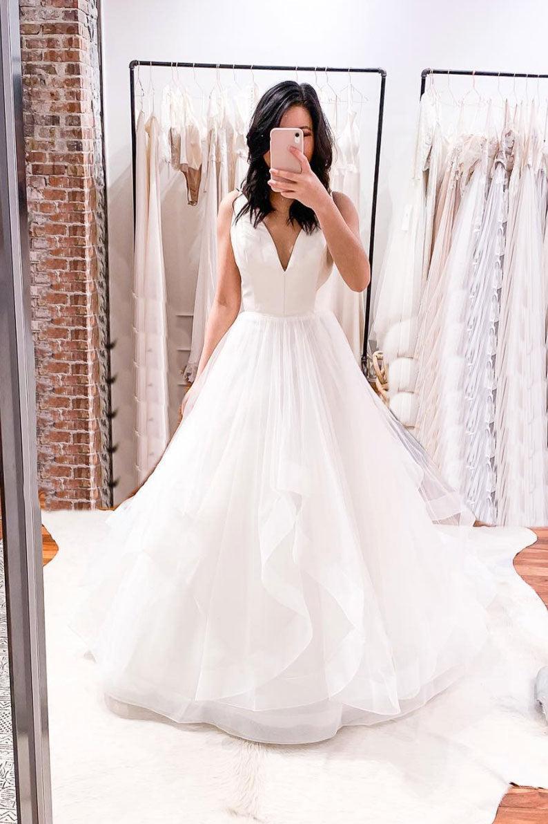 Simple Ivory Wedding Dress V Neck Tulle Long A Line Bridal Gown