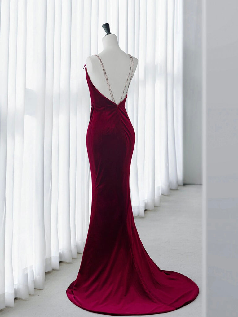 Simple Mermaid Burgundy Velvet Formal Dress Long Velvet Evening Dress