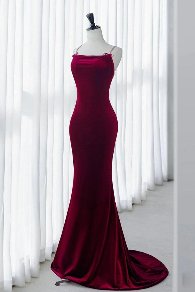 Simple Mermaid Burgundy Velvet Formal Dress Long Velvet Evening Dress