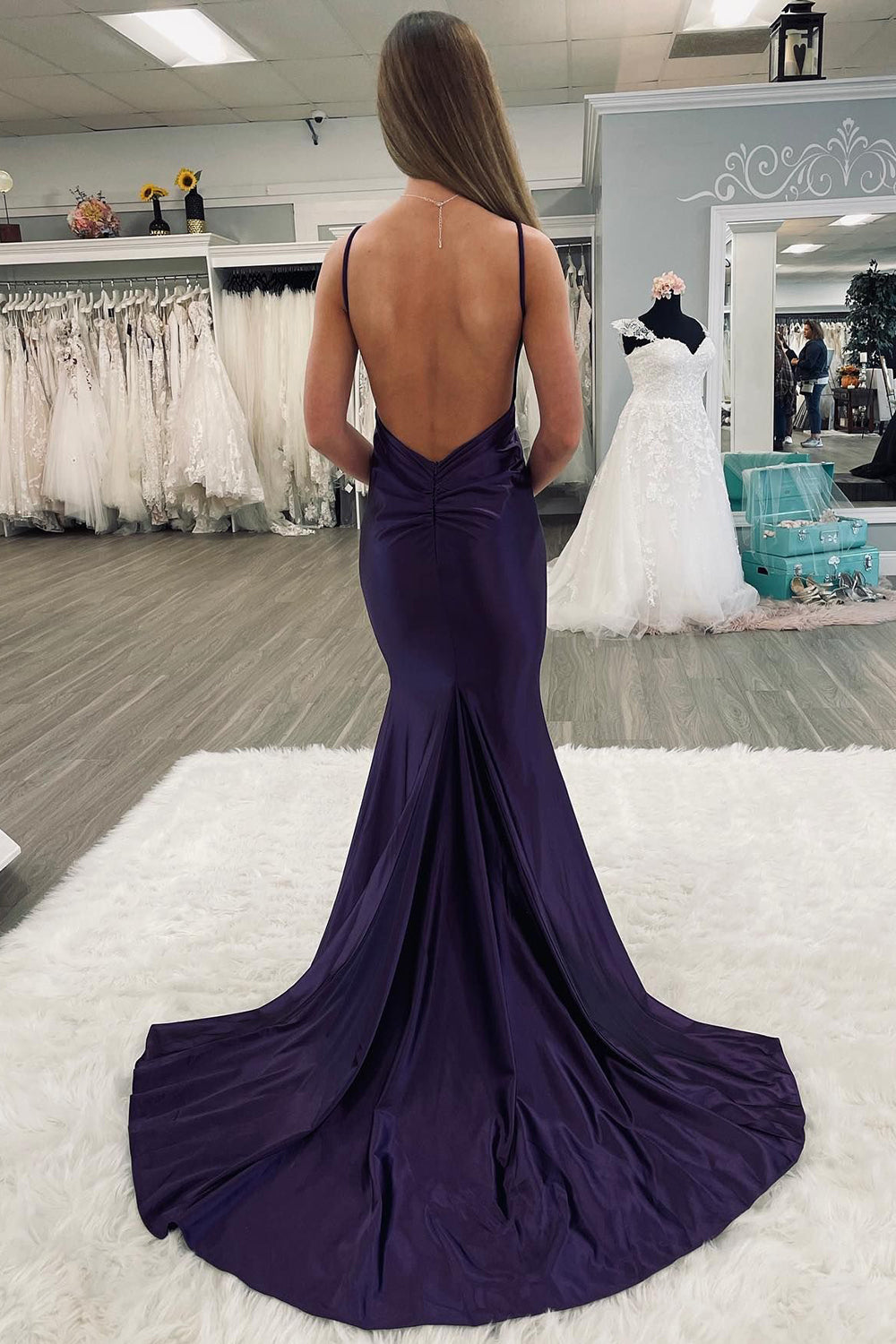 Simple Mermaid Dark Purple Prom Dress Spaghetti Straps Backless Long Evening Dress