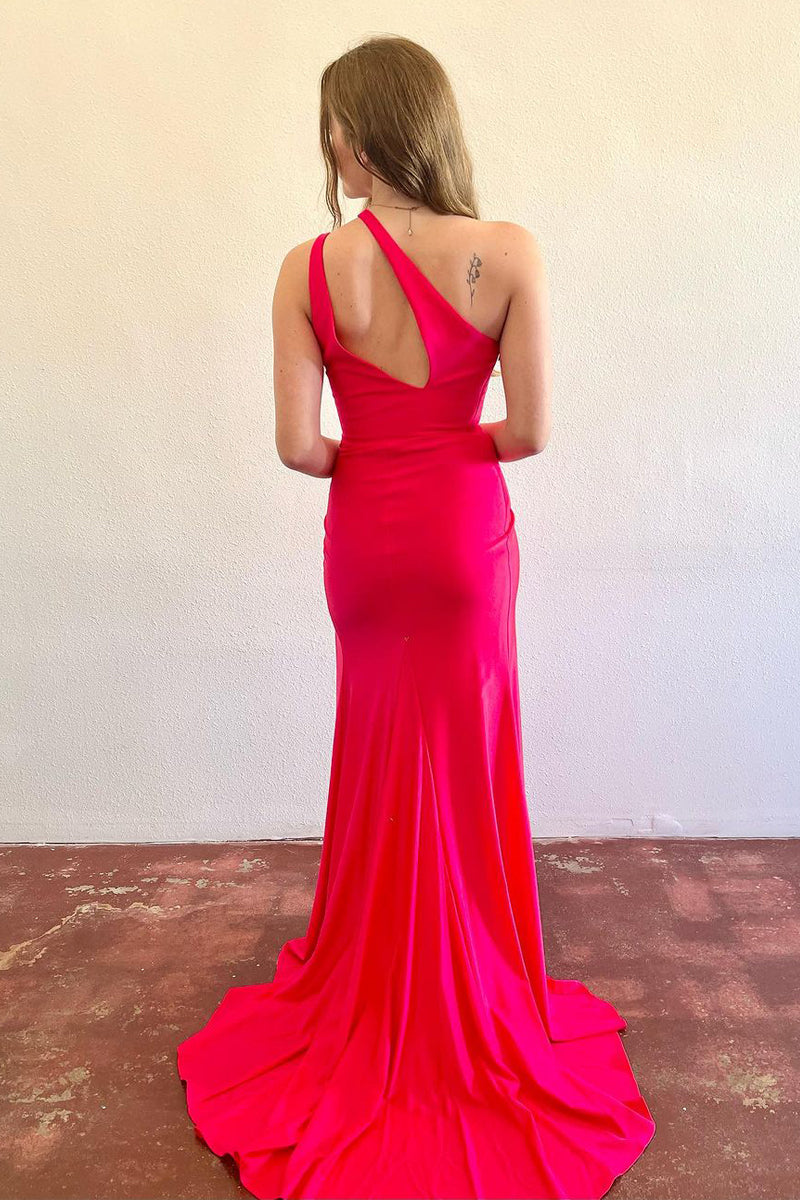 Simple Mermaid Red Prom Dress Satin One Shoulder Long Evening Dress With Split