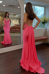 Dressystars Simple Mermaid Spaghetti Straps Candy Pink Long Prom Dress With Train Formal Evening Gown