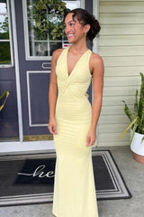 Mermaid V Neck Yellow Long Prom Dress With Open Back Formal Evening Gown