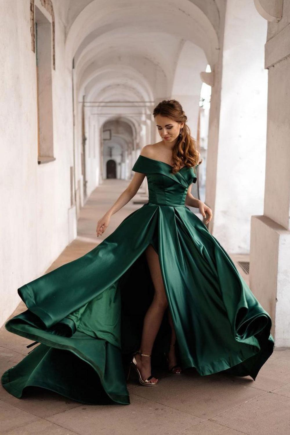 Simple Off the Shoulder Satin Green Prom Dress Long Formal Evening Dress
