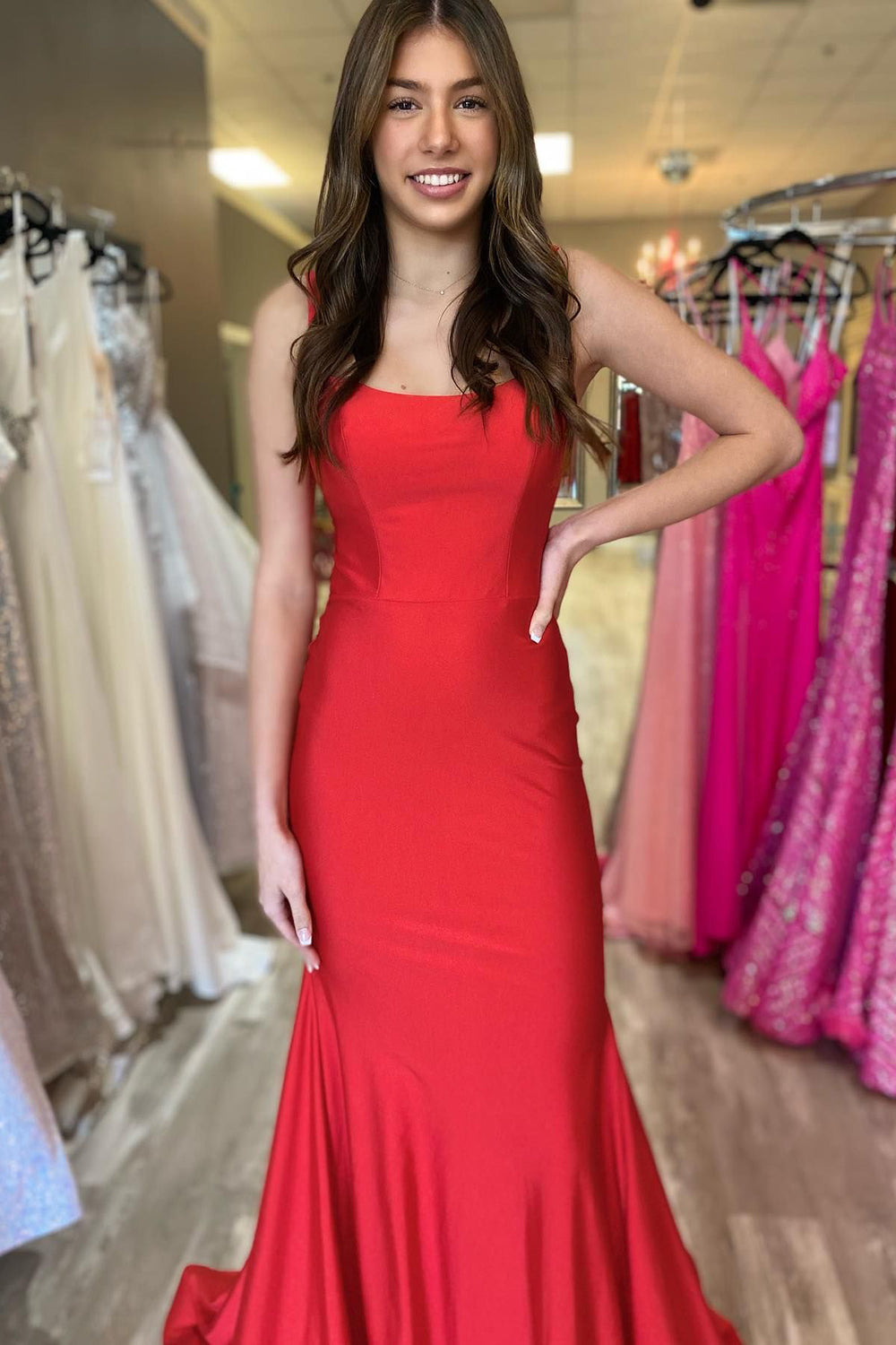 Simple Prom Dress Mermaid Spaghetti Straps Lace Up Back Long Evening Dress