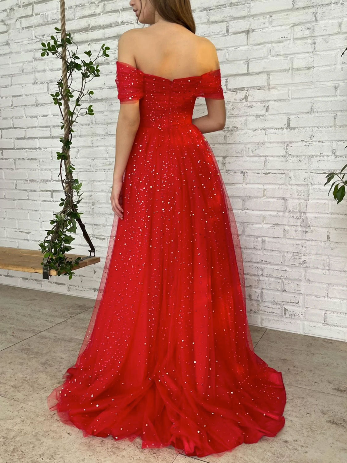 Simple Red Prom Dress Tulle Off the Shoulder Long Formal Gown Evening Dress