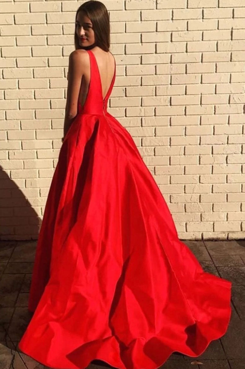 Simple Red Prom Dress V Neck Satin Long Formal Dress Evening Dress