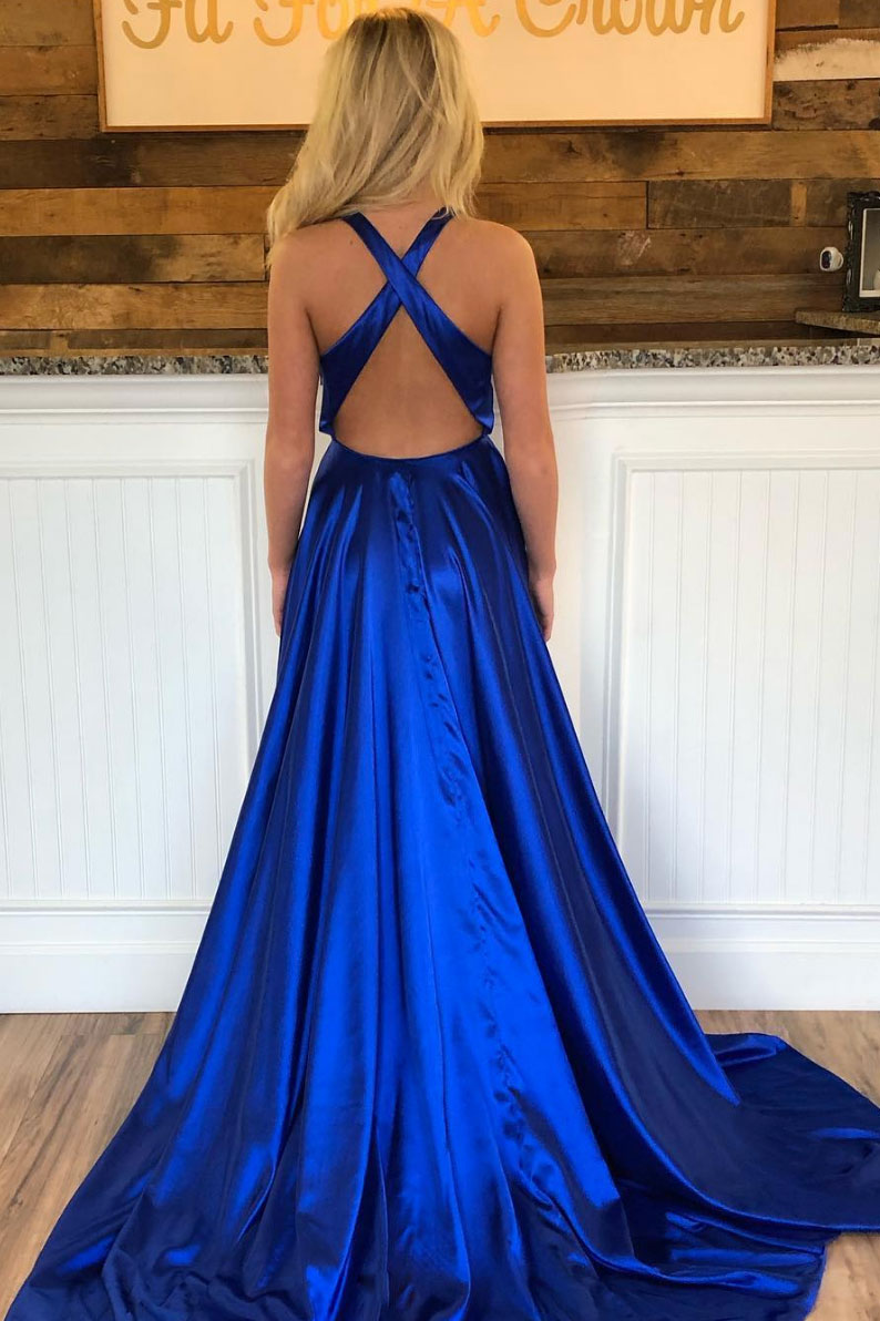 Simple V Neck Blue Prom Dress Satin Long Formal Evening Dress