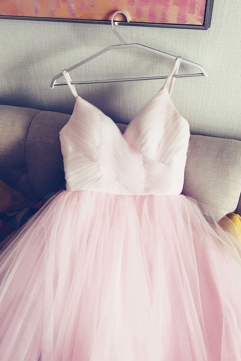 Simple V Neck Homecoming Dress Tulle Pink Evening Dress
