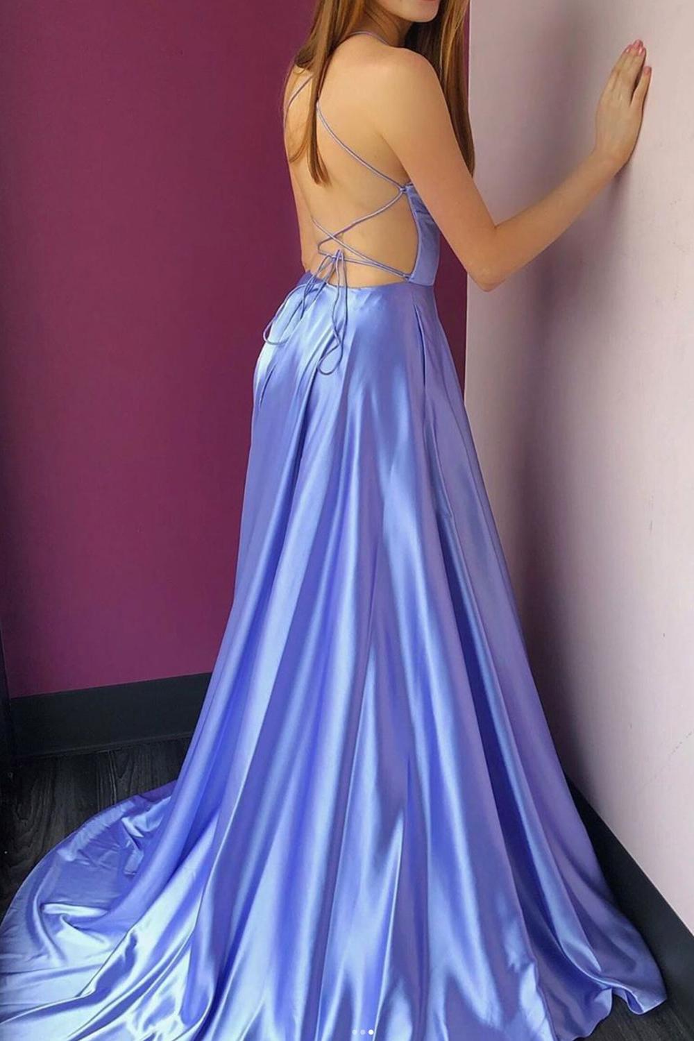 Simple V Neck Prom Dress Backless Long A Line Formal Evening Dress