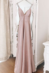 Simple V Neck Prom Dress Sequin Long Pink Evening Dress
