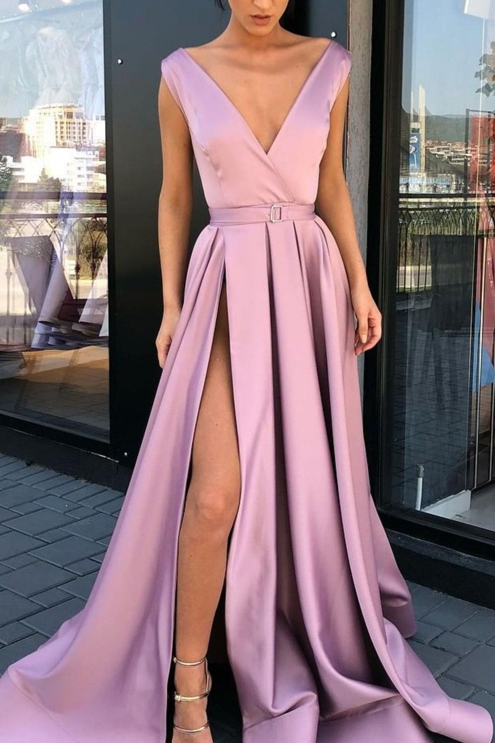 Simple V Neck Satin Long Pink Prom Dress Formal Evening Dress