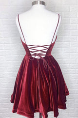 Simple Velvet Cocktail Dress Burgundy V Neck Short Party Dress