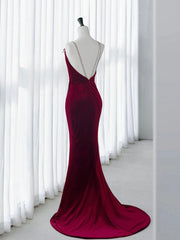 Simple Velvet Mermaid Burgundy Prom Dress Long Formal Dress Evening Dress