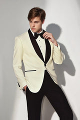 Single-Breasted Black And White Prom Suit With Shawl Lapel And One Button