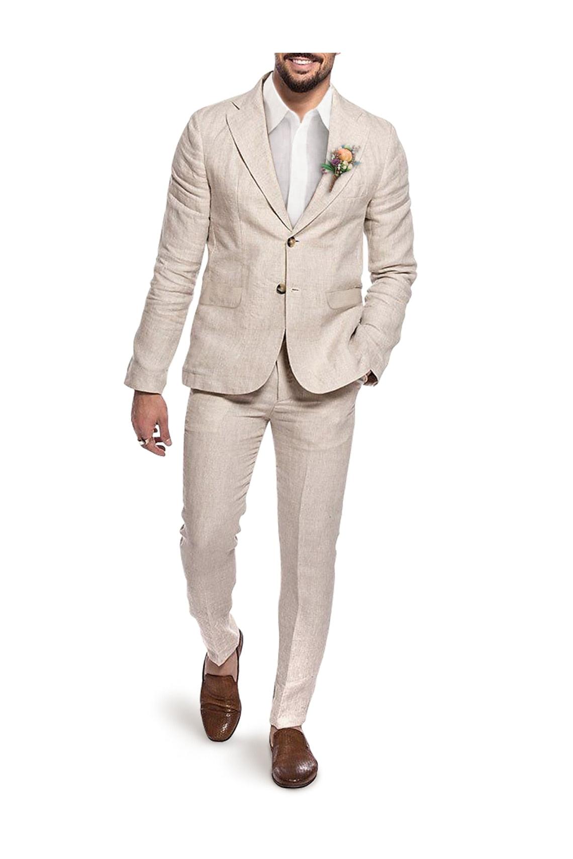 Single-Breasted Two-Button Linen Suit Set For Men In Solid Colors