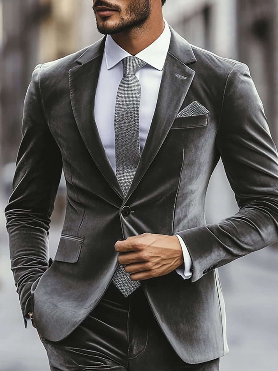 Single-Button Gray Velvet Men's Suit For Weddings And Casual Wear