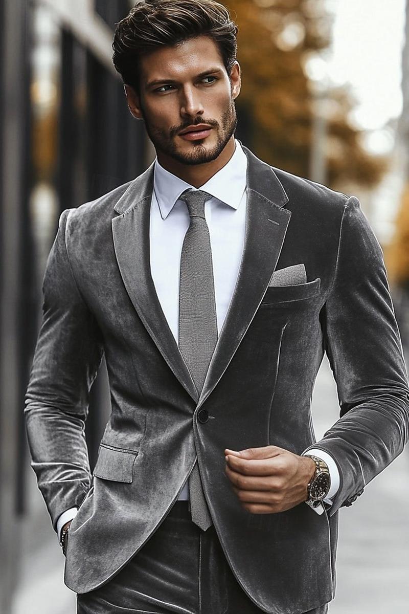 Single-Button Gray Velvet Men's Suit For Weddings And Casual Wear
