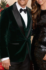 Single-Button Solid Dark Green Velvet Suit For Men
