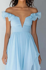 Sky Blue Formal Dress Chiffon Off The Shoulder Ruffled A Line High-Low Wedding Guest Dress