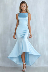 Sky Blue Formal Dress Mermaid Round Neck Satin Long Wedding Guest Dress