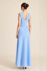 Sky Blue Formal Dress Satin Sheath V Neck Long Wedding Guest Dress With Flowers