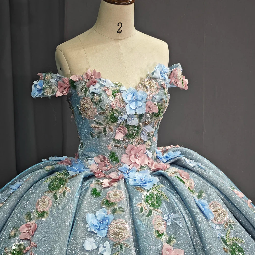 Sky Blue Gold Quinceanera Dress Ball Gown Sweetheart Sparkly Beaded Bow Sweet 16 Party Dress