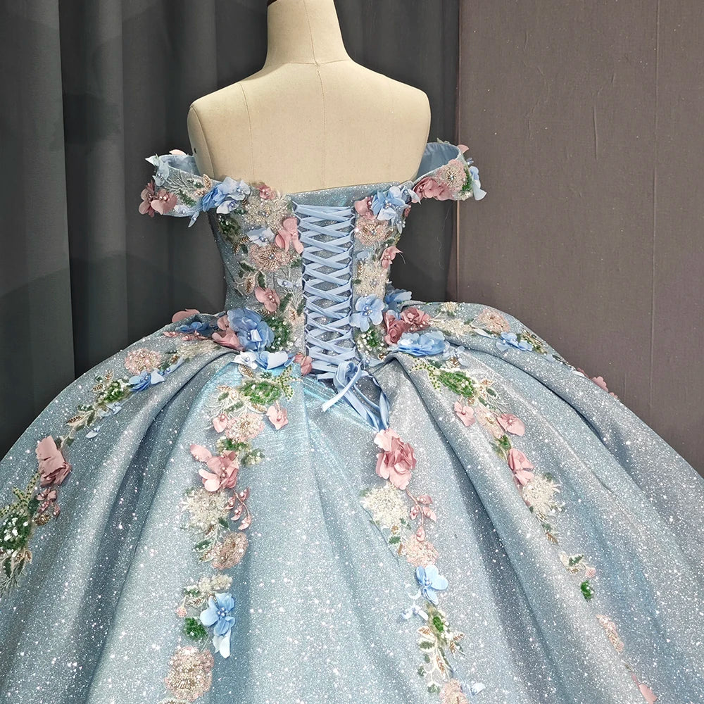 Sky Blue Gold Quinceanera Dress Ball Gown Sweetheart Sparkly Beaded Bow Sweet 16 Party Dress Dressystars