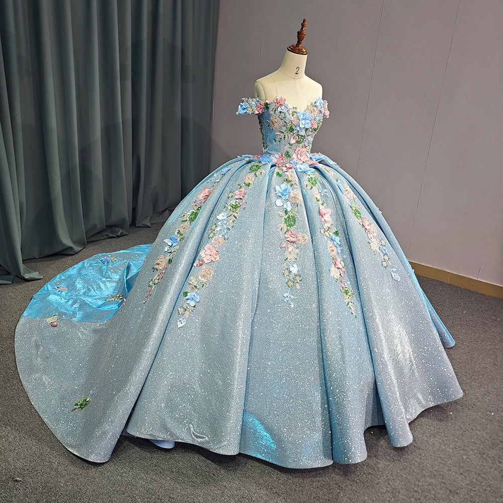 Sky Blue Gold Quinceanera Dress Ball Gown Sweetheart Sparkly Beaded Bow Sweet 16 Party Dress Dressystars
