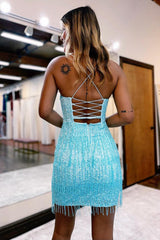 Sky Blue Homecoming Dress Bodycon Spaghetti straps Short Party Cocktail Dress