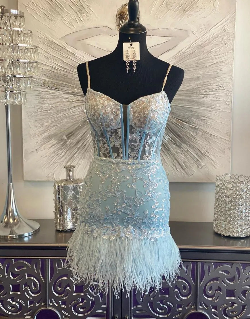 Sky Blue Homecoming Dress Corset Lace Bodycon Fitting with Chic Feather StylesShort Party Cocktail Dress