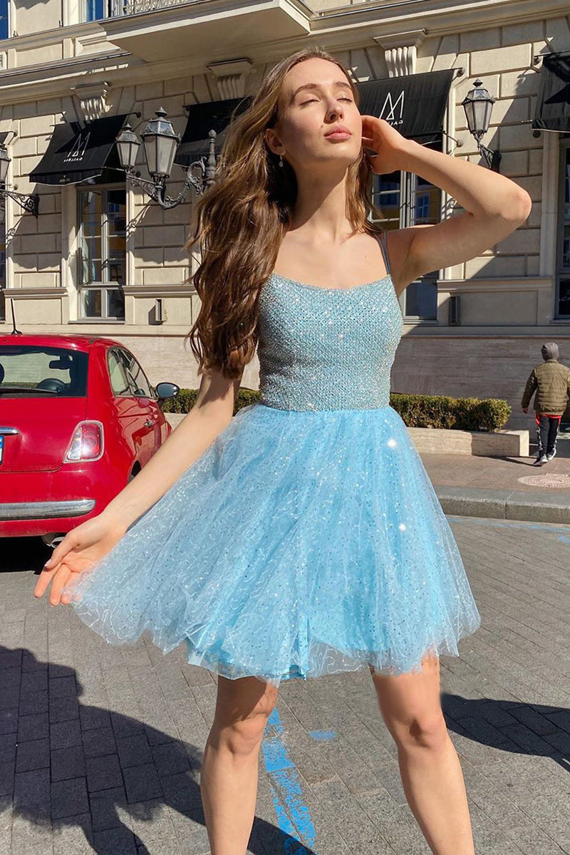 Sky Blue Homecoming Dress Sequin Lace Delicate Beading Bodice Short Party Cocktail Dress