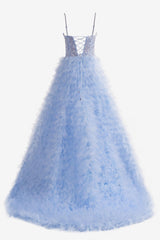 Sky Blue Prom Dress A Line Tiered Sequin Tulle Long Evening Dress