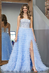 Sky Blue Prom Dress A Line Tiered Sequin Tulle Long Evening Dress