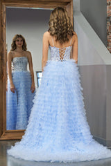 Sky Blue Prom Dress A Line Tiered Sequin Tulle Long Evening Dress