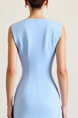 Sky Blue Prom Dress Satin Boat Neck Long Sheath Formal Dress With Slit