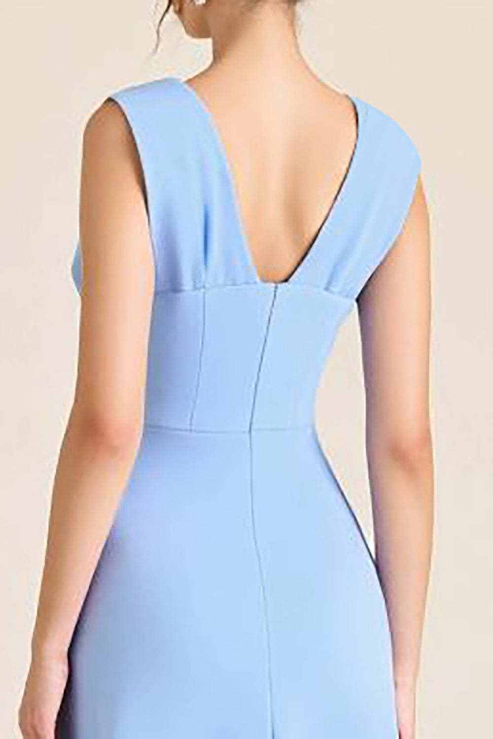 Sky Blue Prom Dress Satin Sheath V Neck Long Formal Dress With Flowers