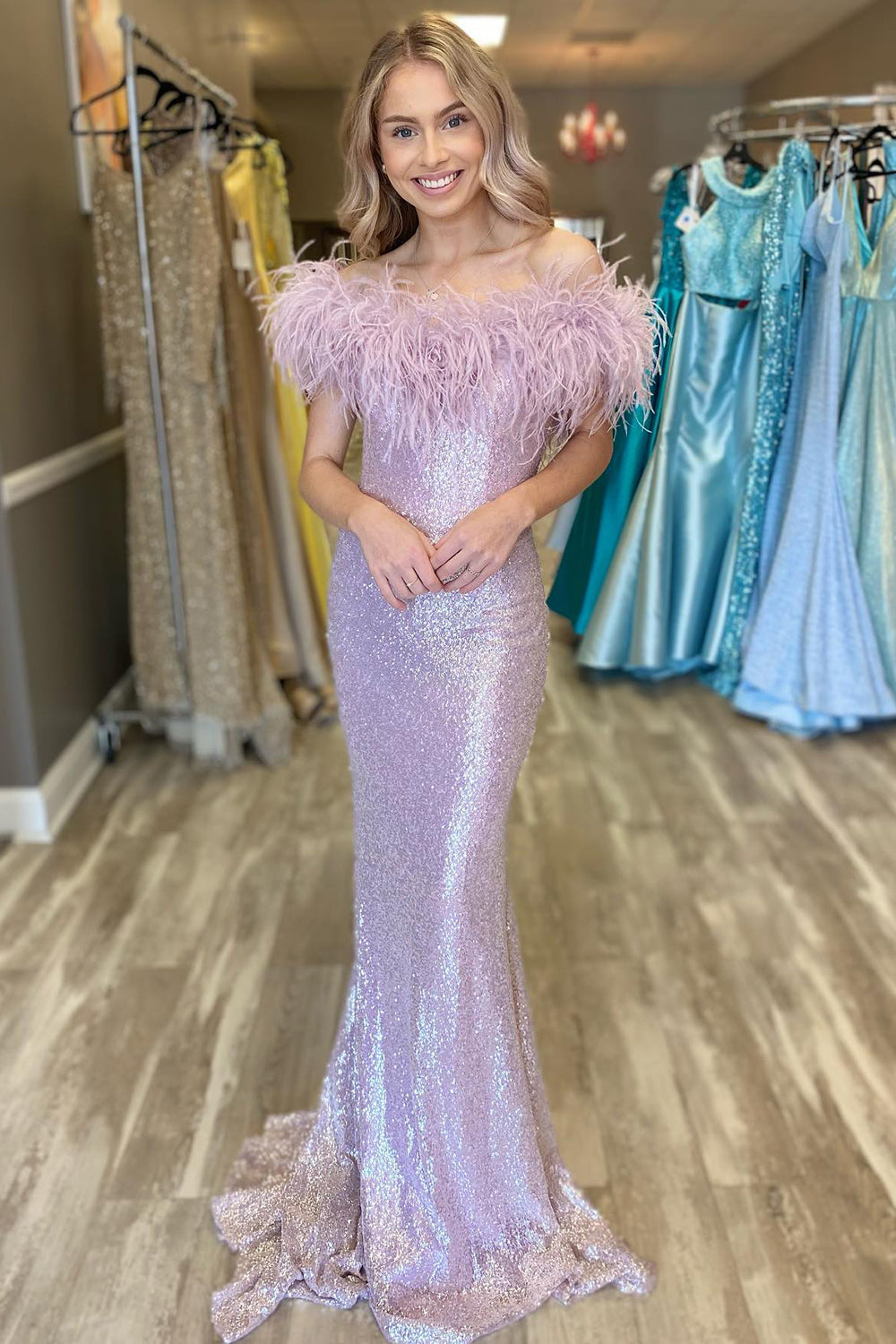 Sky Blue Prom Dress Sequin Mermaid Evening Dress with Feather