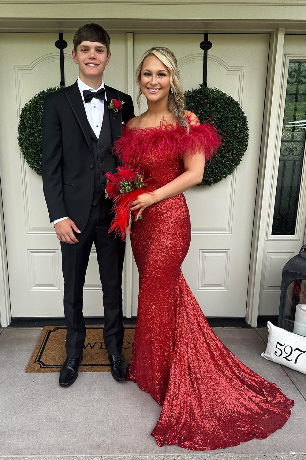 Sky Blue Prom Dress Sequin Mermaid Evening Dress with Feather