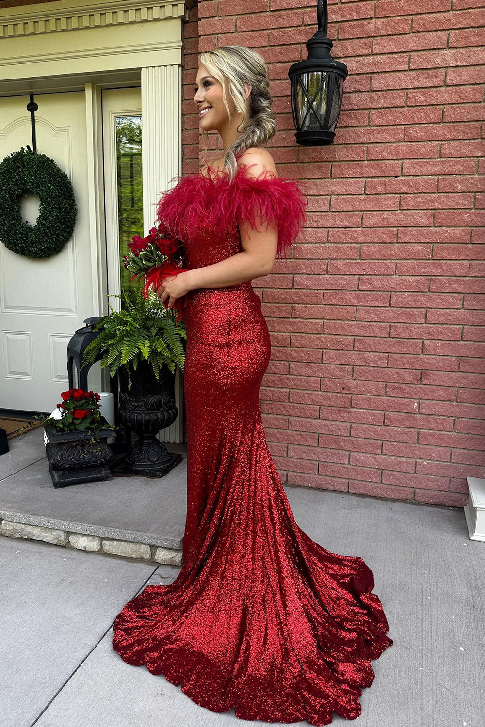 Sky Blue Prom Dress Sequin Mermaid Evening Dress with Feather