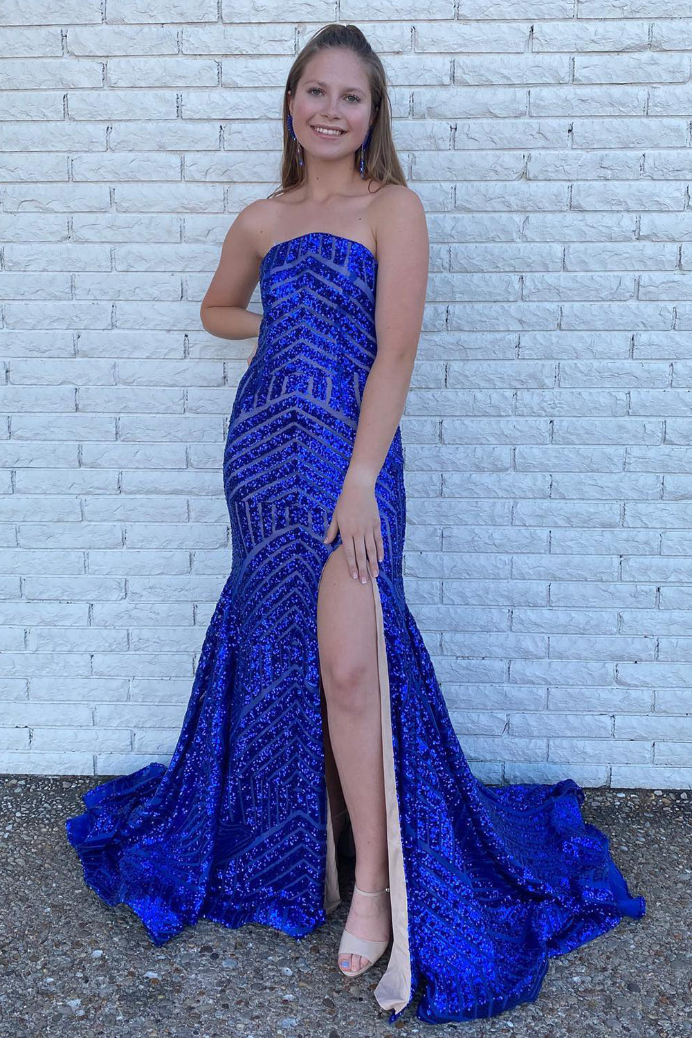 Sky Blue Prom Dress Sequined Strapless Long Evening Dress