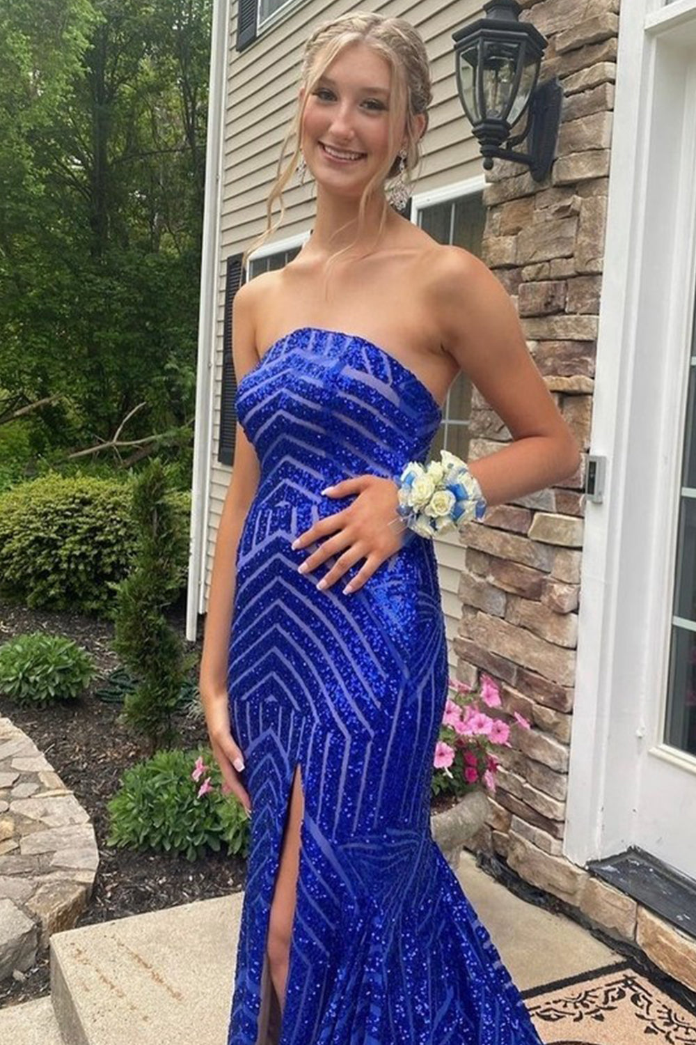 Sky Blue Prom Dress Sequined Strapless Long Evening Dress