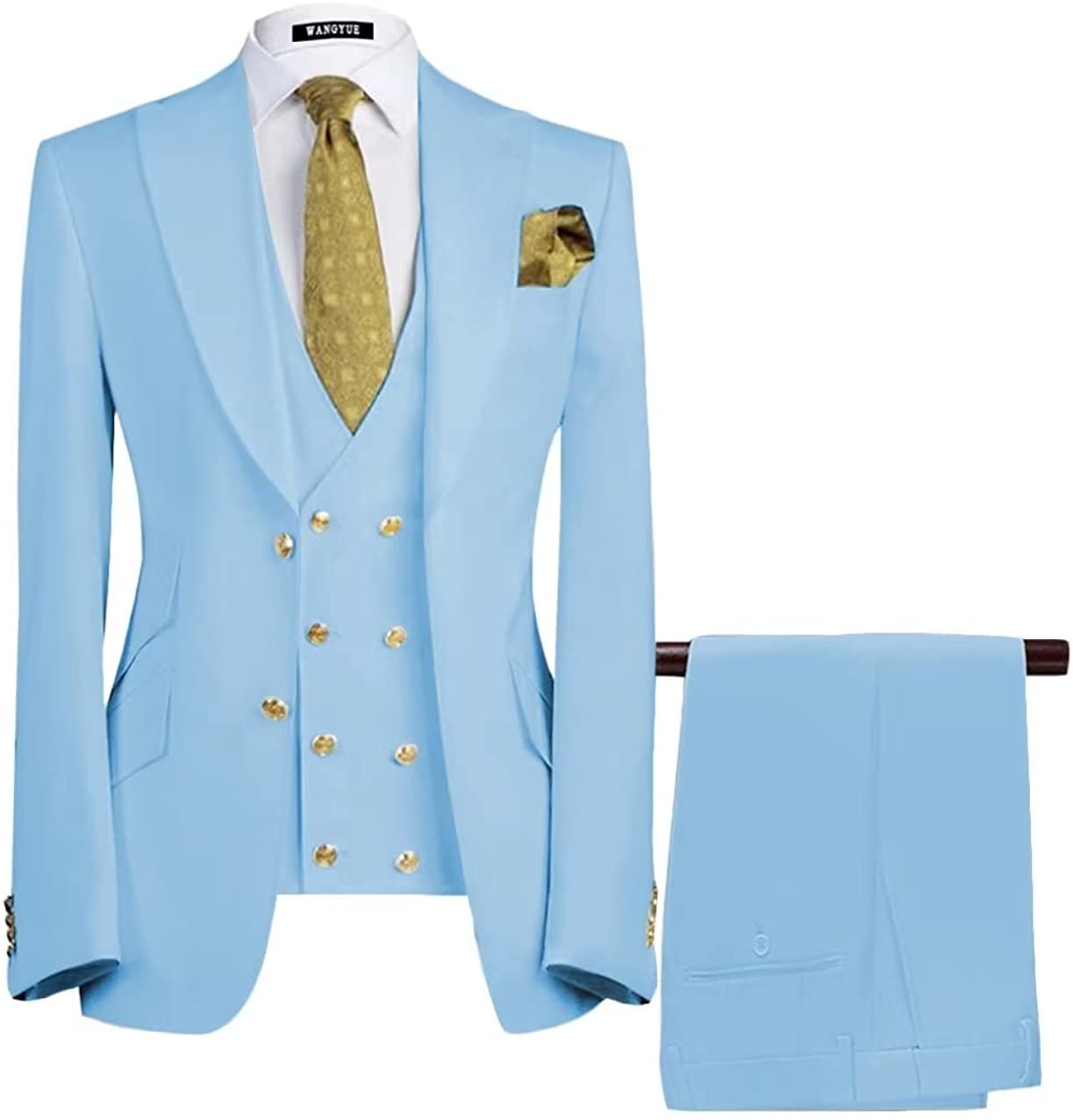 Sky Blue Three Piece Peaked Lapel Prom Suit