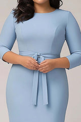 Sky Blue Wedding Guest Dress Plus Size Crepe Formal Dress With 3/4 Sleeves
