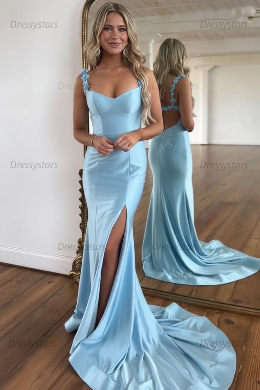 Red Prom Dress Spaghetti Straps Mermaid Satin Long Evening Dress with Slit