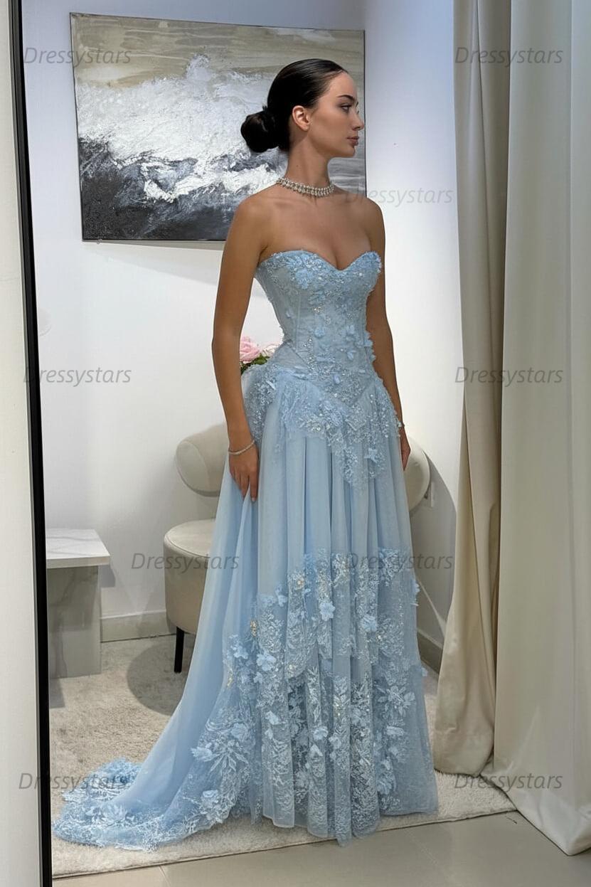 Yellow Lace A Line Prom Dress Sweetheart Lace Appliqued Formal Dress with 3D Flowers