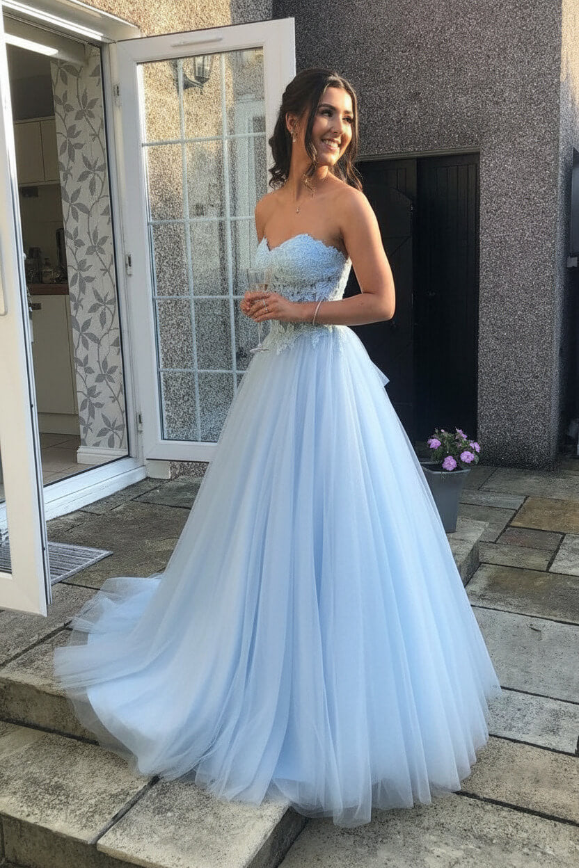 A Line Prom Dress Sweetheart Neck Tulle Lace Long Pink Formal Gown Evening Dress