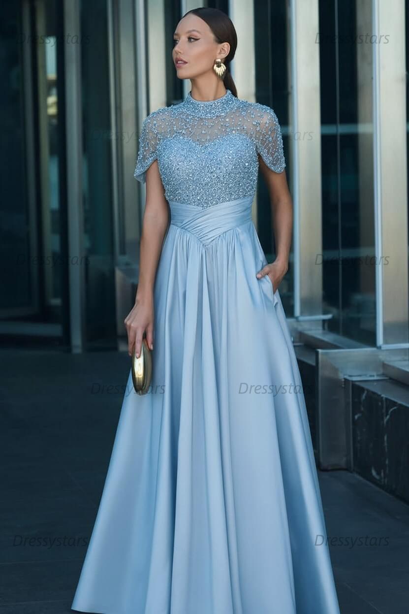 Green A Line Prom Dress Short Sleeve High Neck Formal Dress With Beadings and Rhinestones